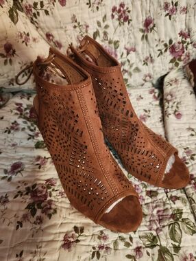 Brown Suede Peep-Toe Heeled Booties with  Perforated Details
